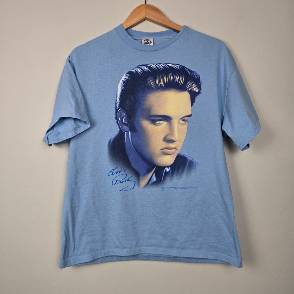 Vintage 2003 Elvis Presley T-Shirt Blue Graphic Tee Delta Pro Weight Adult M USA